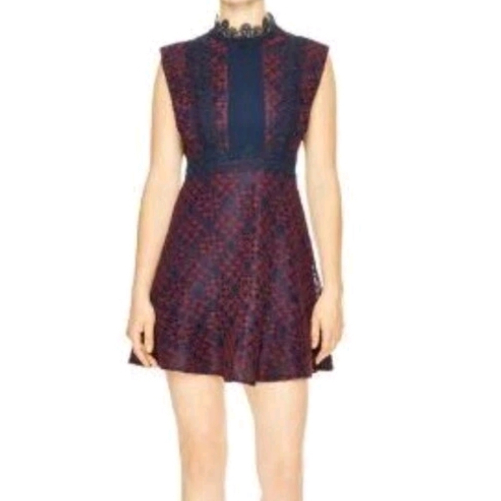 Sandro Paris Peaches Lace Dress Bordeaux & Navy Blue Tie Back Sleeveless 1 SM